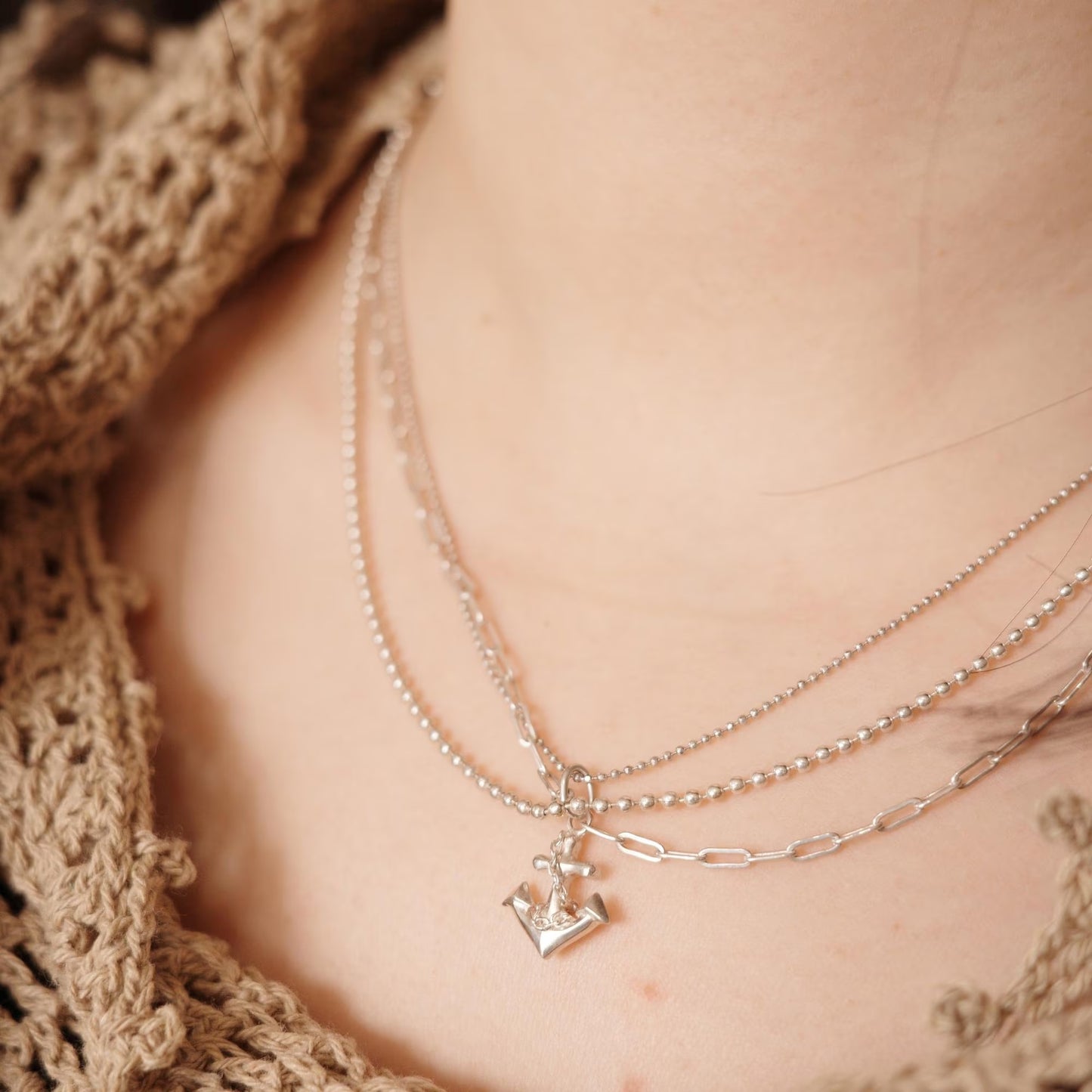 Anchor - 925 Sterling Silver Layered Necklace with Freshwater Pearls and Cubic Zirconia for Women