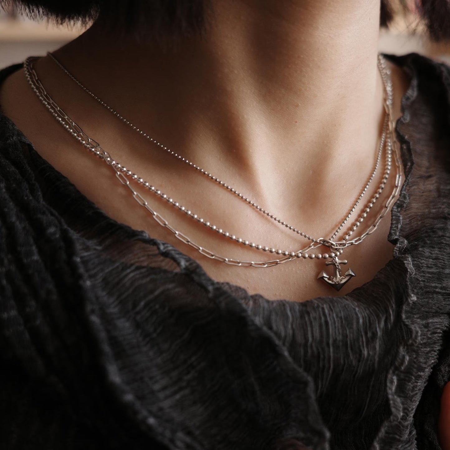 Anchor - 925 Sterling Silver Layered Necklace with Freshwater Pearls and Cubic Zirconia for Women