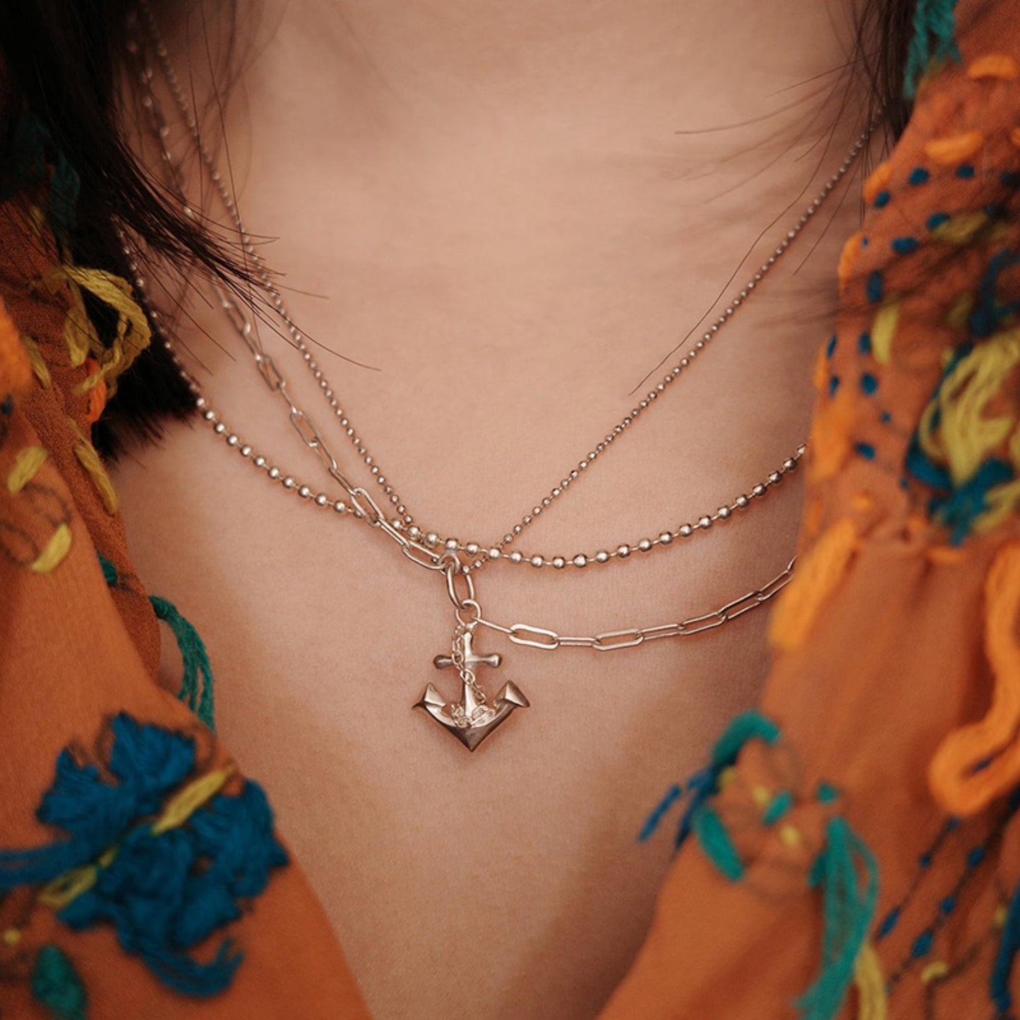 Anchor - 925 Sterling Silver Layered Necklace with Freshwater Pearls and Cubic Zirconia for Women