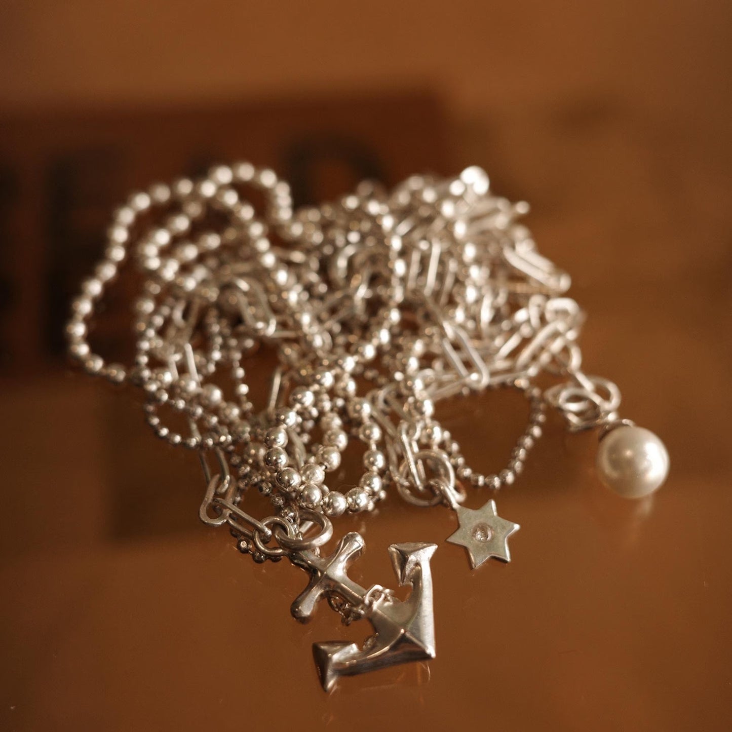 Anchor - 925 Sterling Silver Layered Necklace with Freshwater Pearls and Cubic Zirconia for Women