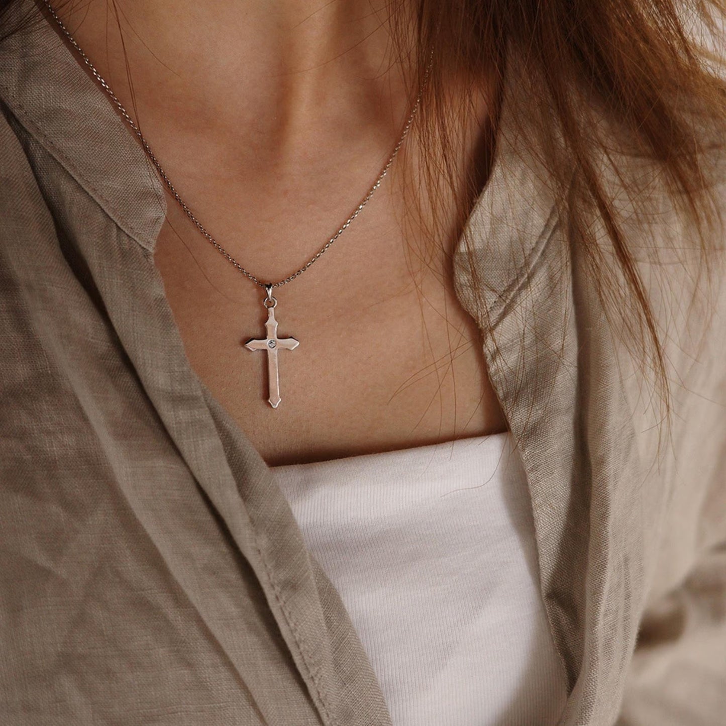 Trinity Leaf - 925 Sterling Silver Platinum-Plated Cross Pendant Necklace with Moissanite for Women