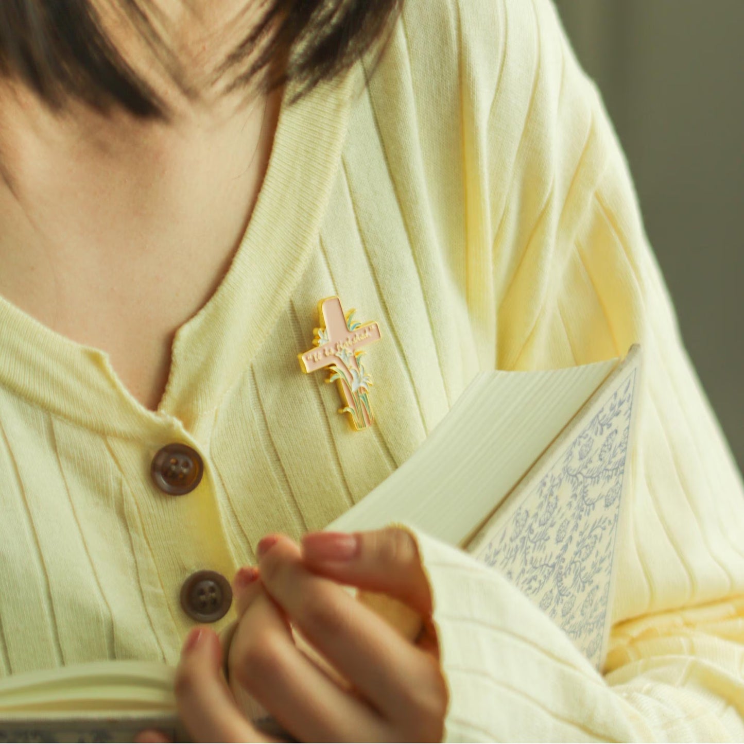 All Things Grow – Bird Lily Cross Metal Brooch | Enamel Pin | Gift