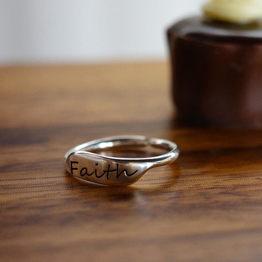 Faith - 925 Sterling Silver Women’s Adjustable Open Ring Custom Engraving Available