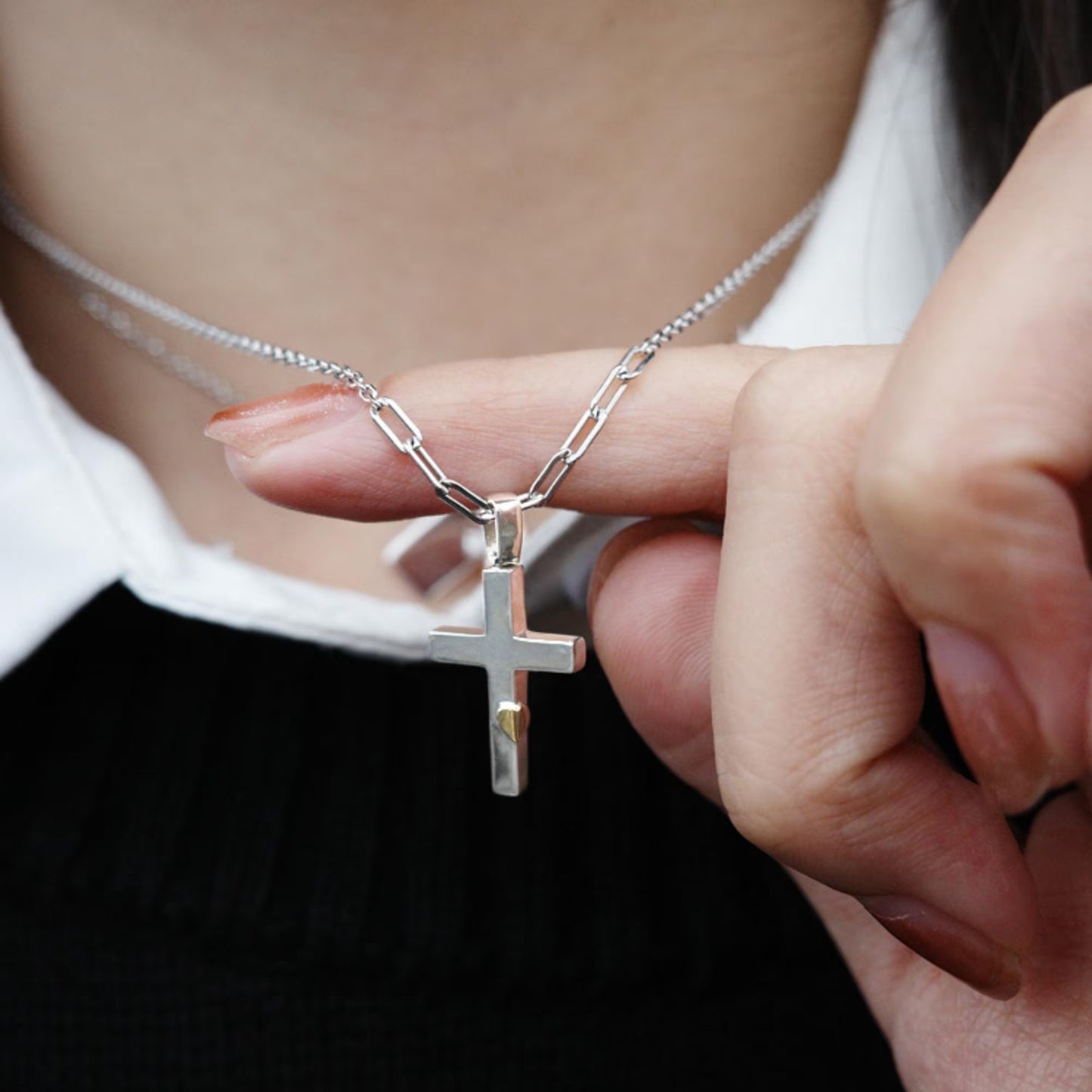 Copper Heart - 925 Sterling Silver Cross Pendant Necklace for Women