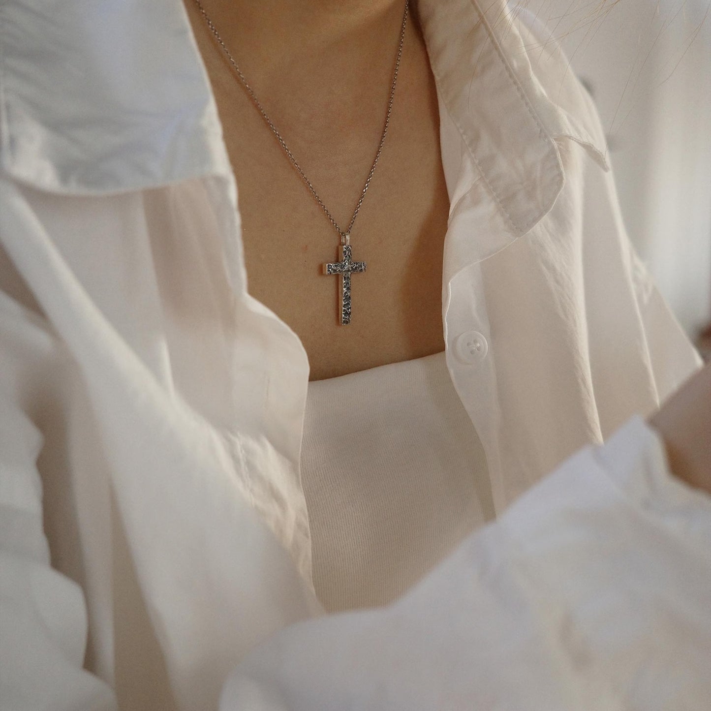 Rugged Path - 925 Sterling Silver Vintage Hammered Cross Pendant Necklace for Women