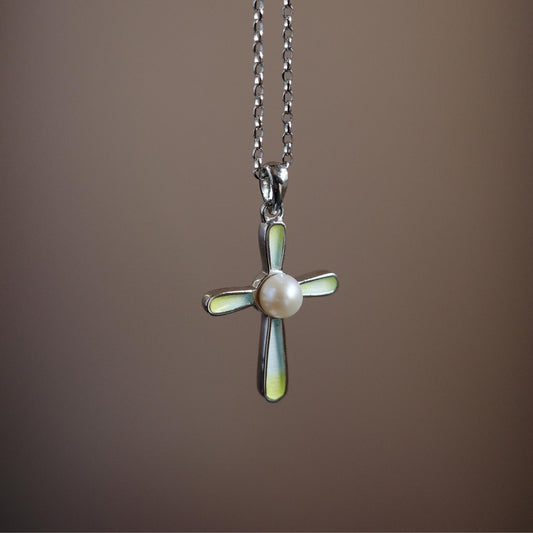 Vanilla Mountain - Pearl Enamel 925 Sterling Silver Cross Pendant Necklace for Women