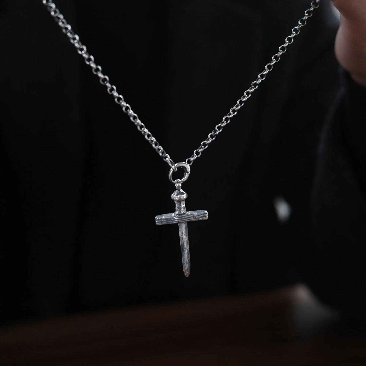 Wood and Nail - 925 Sterling Silver Vintage Cross Pendant Necklace Unisex