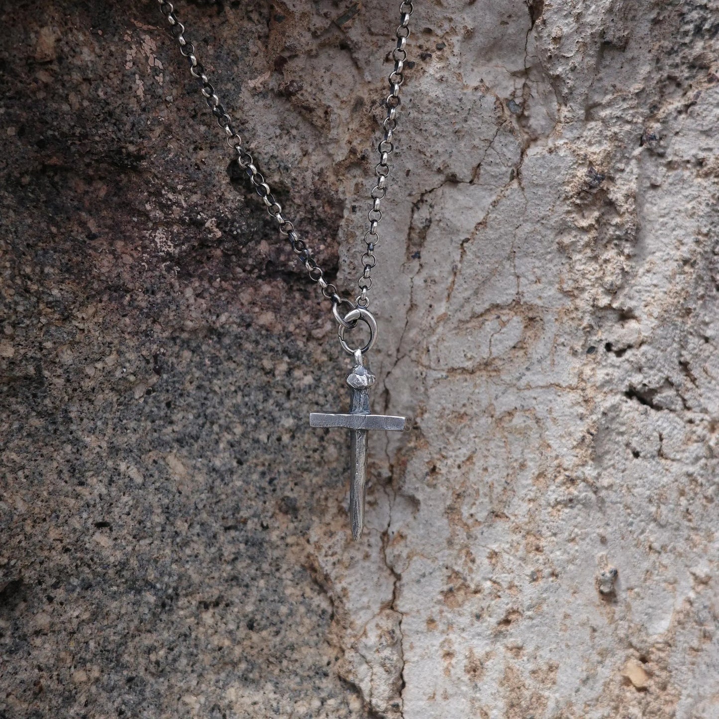 Wood and Nail - 925 Sterling Silver Vintage Cross Pendant Necklace Unisex