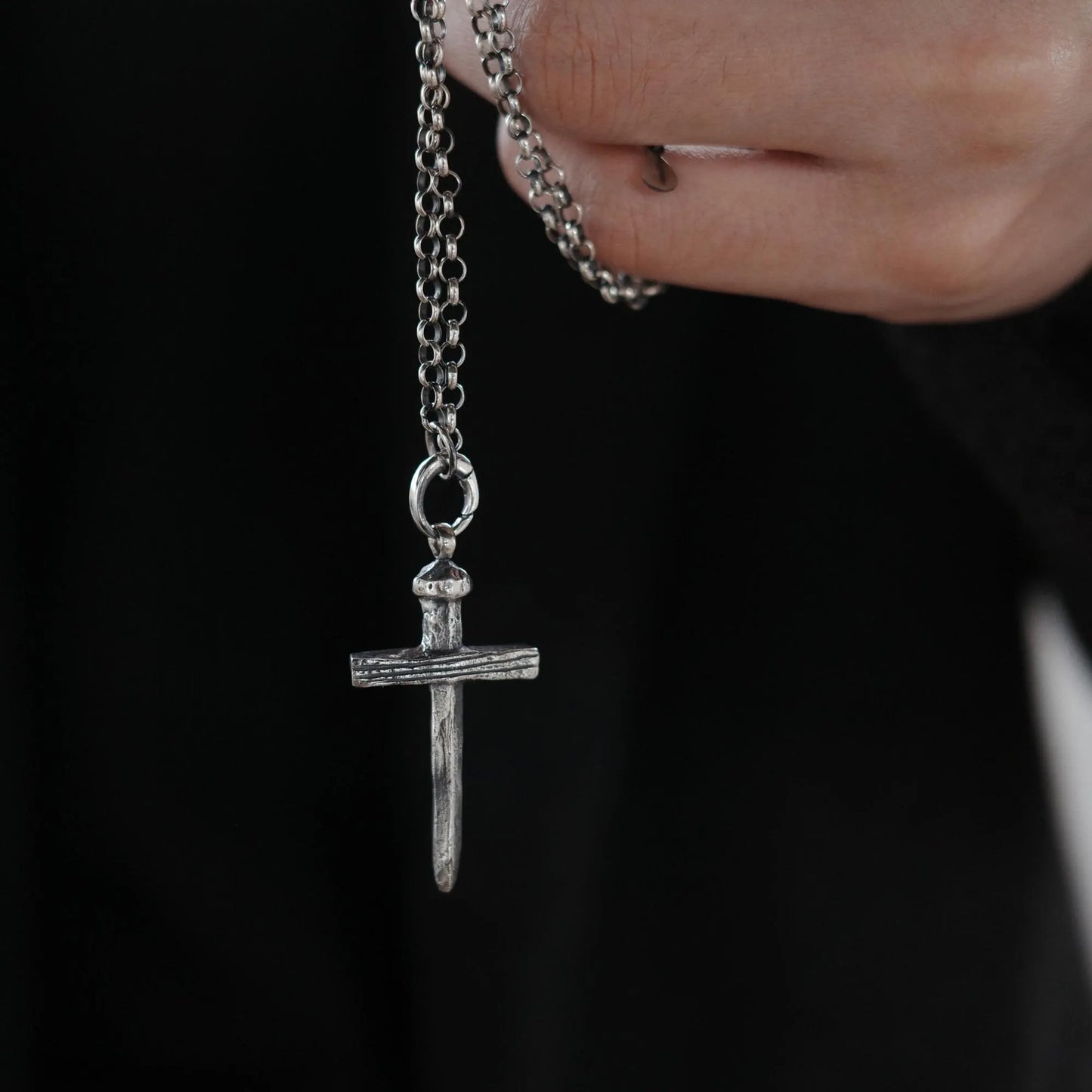 Wood and Nail - 925 Sterling Silver Vintage Cross Pendant Necklace Unisex