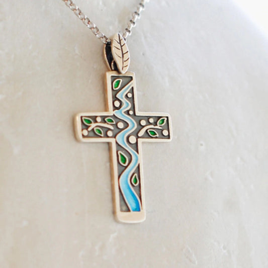 Creek - Enamel 925 Sterling Silver Cross Pendant Necklace Unisex