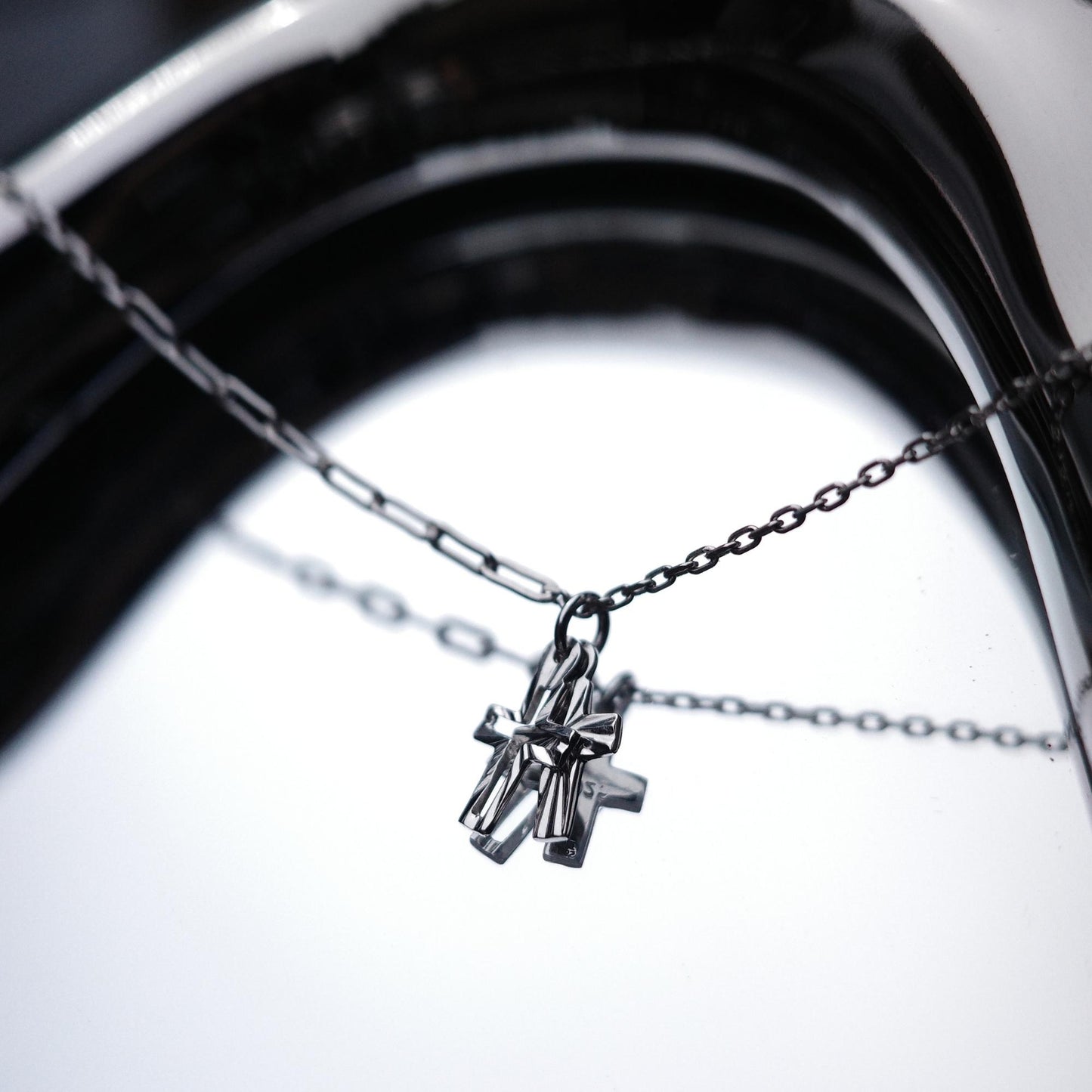 Double Cross - 925 Sterling Silver Mini Cross Pendant Choker Necklace for Women