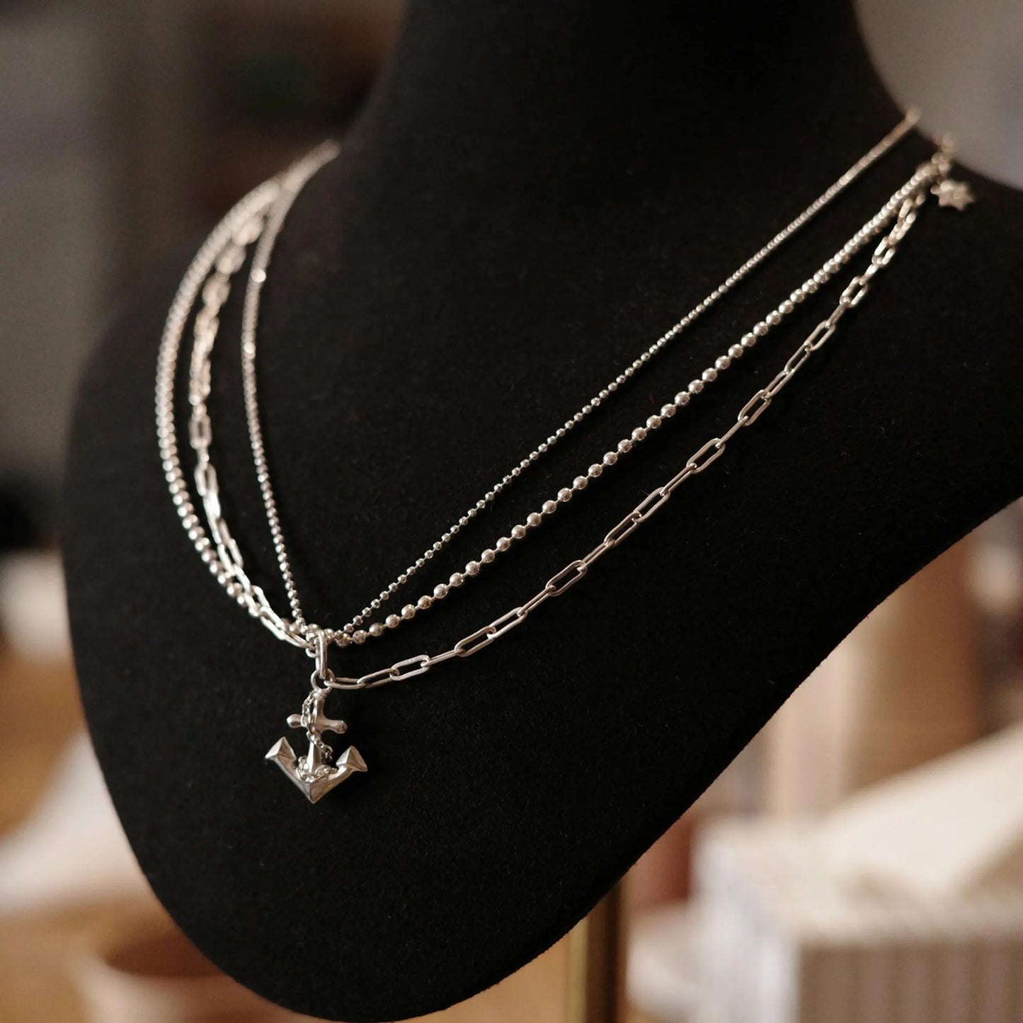 Anchor - 925 Sterling Silver Layered Necklace with Freshwater Pearls and Cubic Zirconia for Women