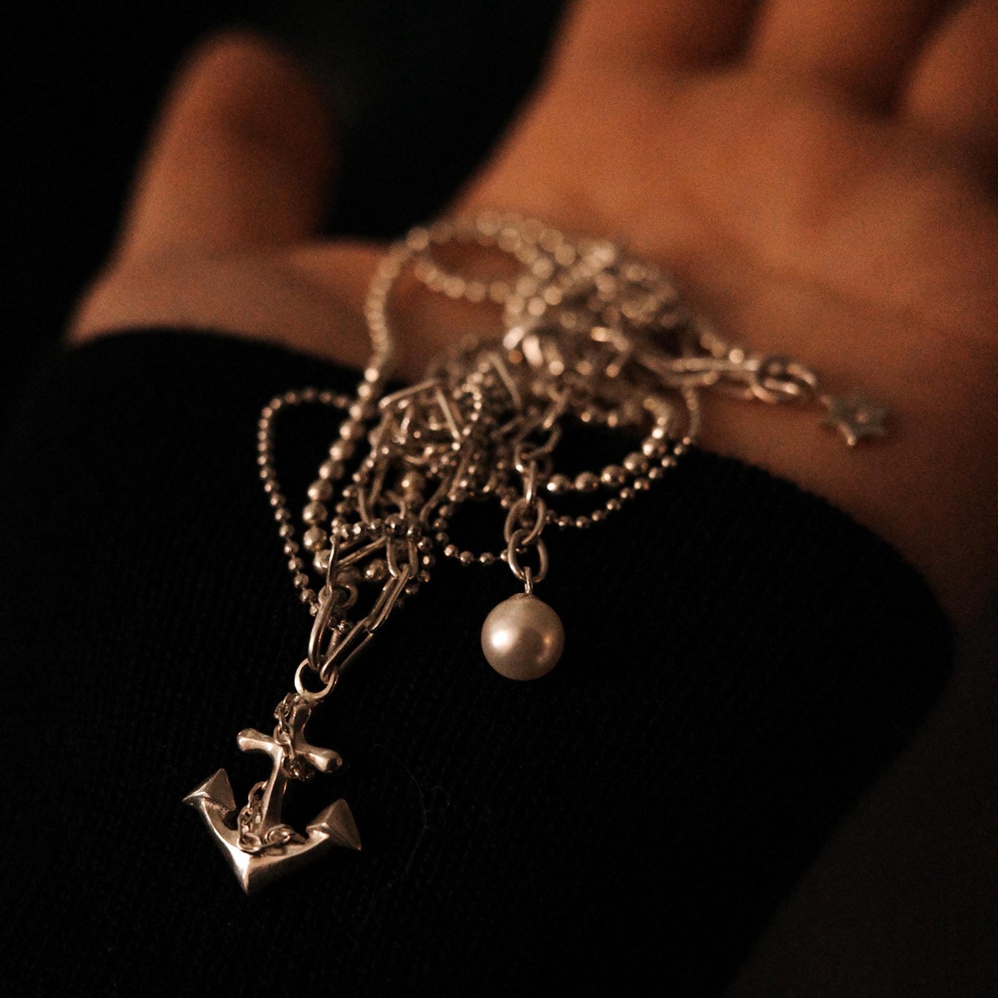 Anchor - 925 Sterling Silver Layered Necklace with Freshwater Pearls and Cubic Zirconia for Women