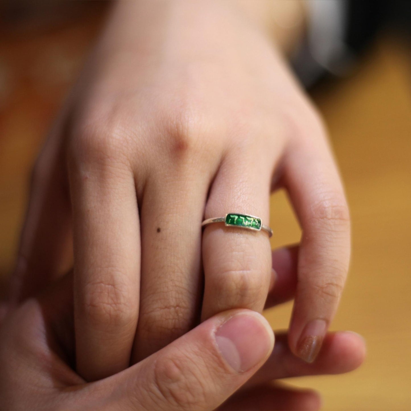 Shalom - 925 Sterling Silver Hebrew Ring with Dark Green High-Temperature Enamel for Women