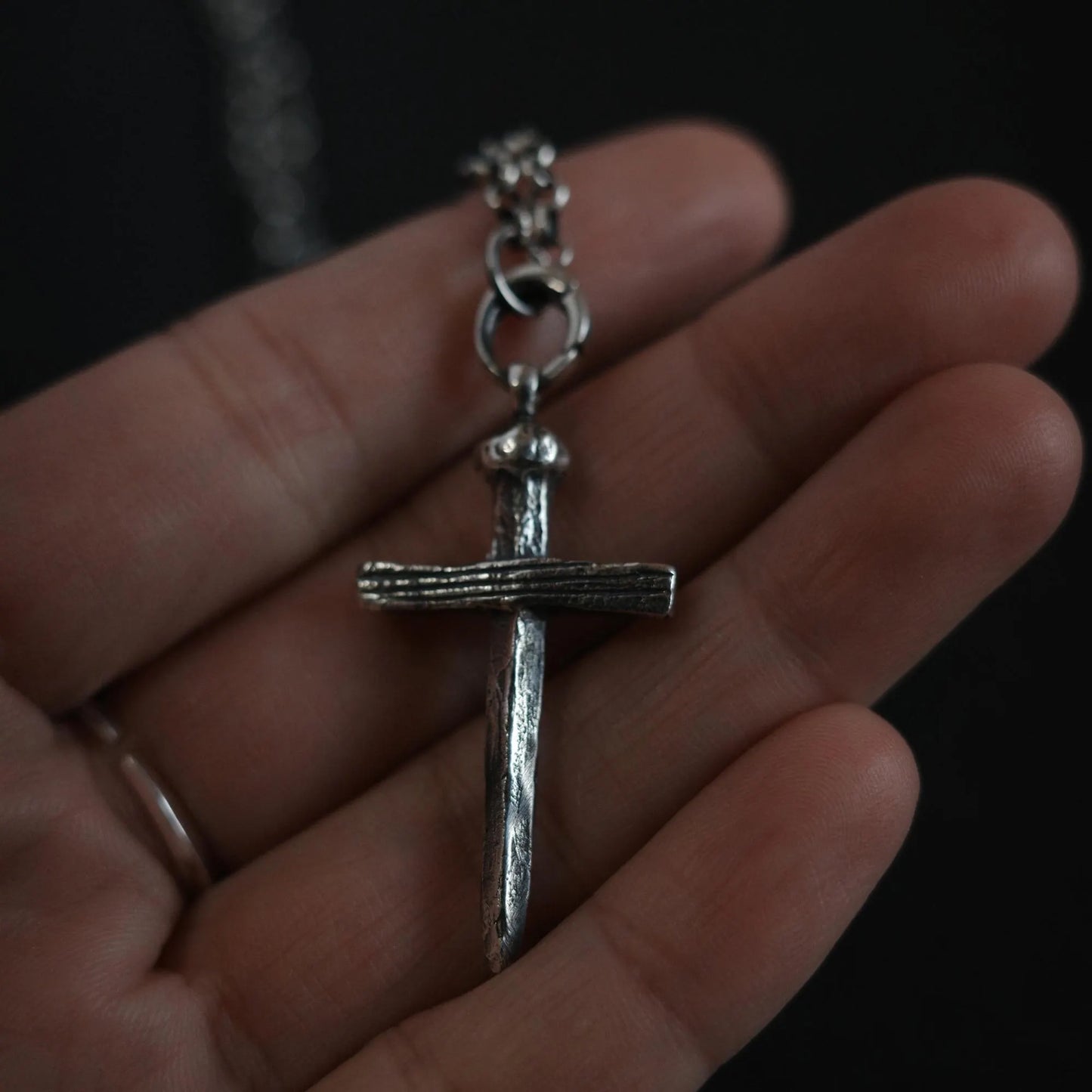 Wood and Nail - 925 Sterling Silver Vintage Cross Pendant Necklace Unisex