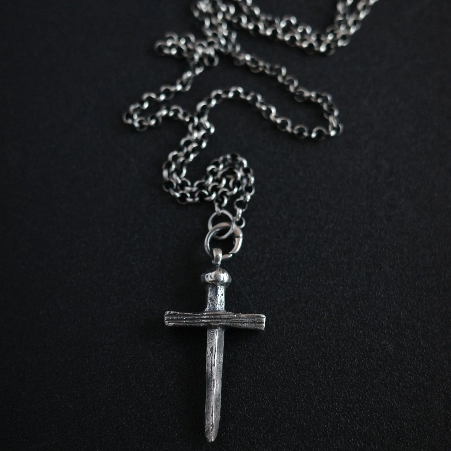 Wood and Nail - 925 Sterling Silver Vintage Cross Pendant Necklace Unisex