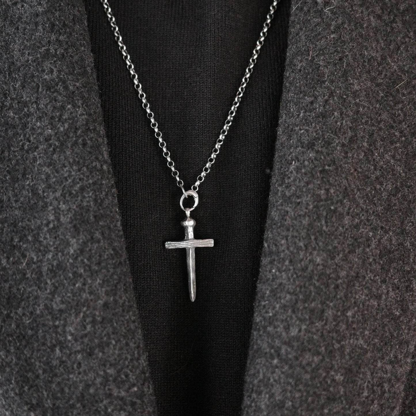 Wood and Nail - 925 Sterling Silver Vintage Cross Pendant Necklace Unisex