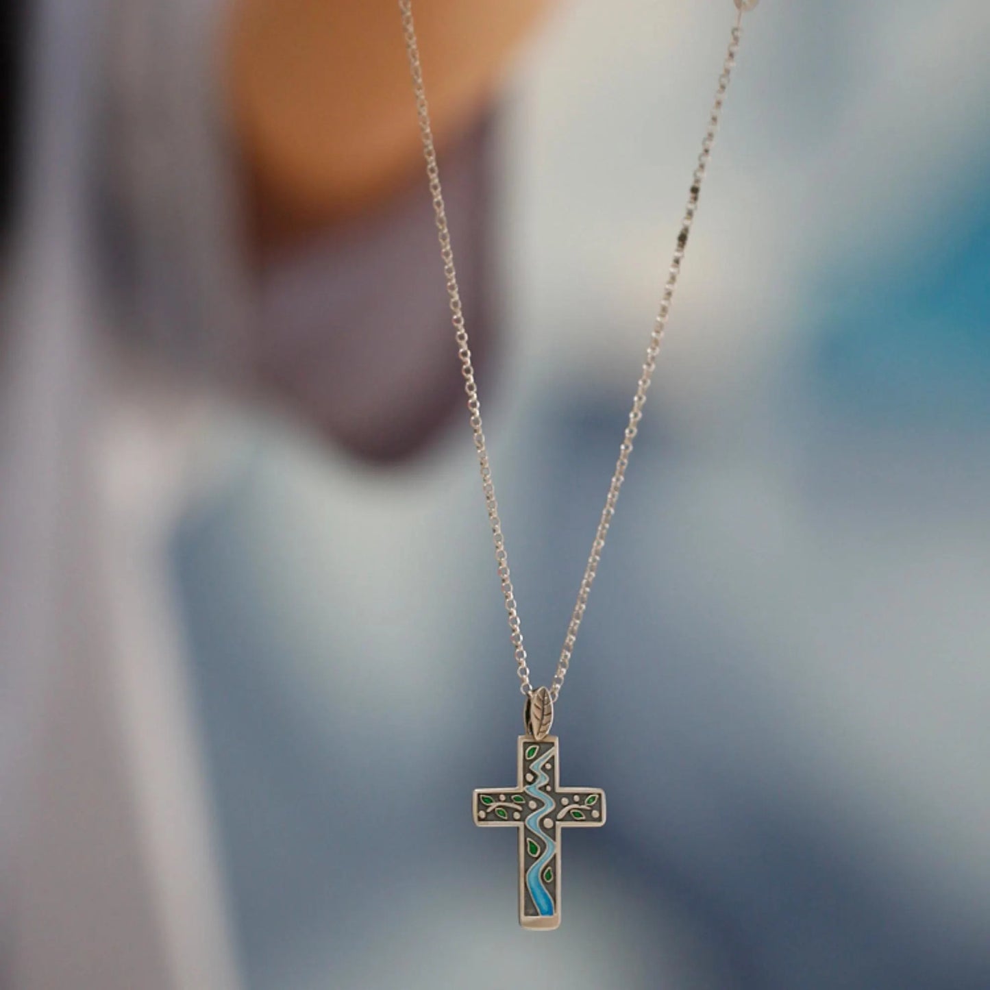 Creek - Enamel 925 Sterling Silver Cross Pendant Necklace Unisex