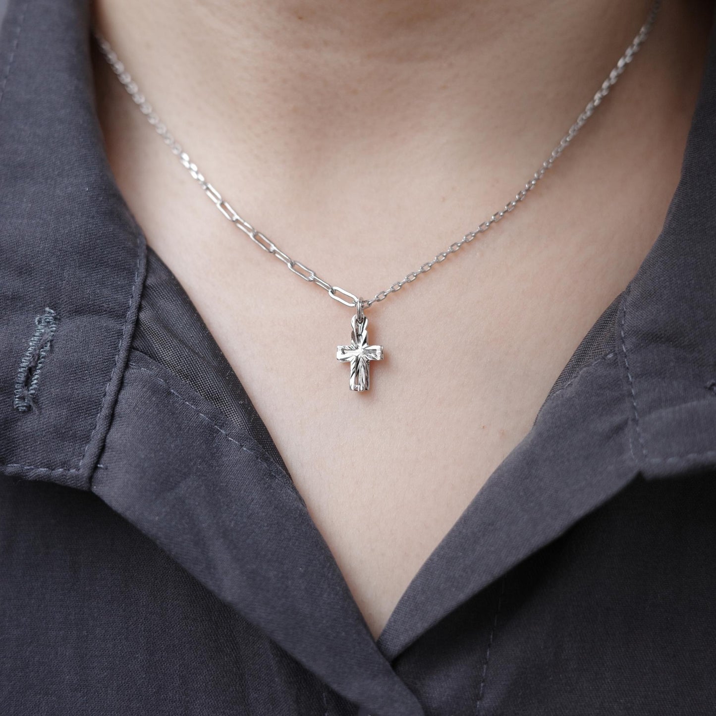 Double Cross - 925 Sterling Silver Mini Cross Pendant Choker Necklace for Women
