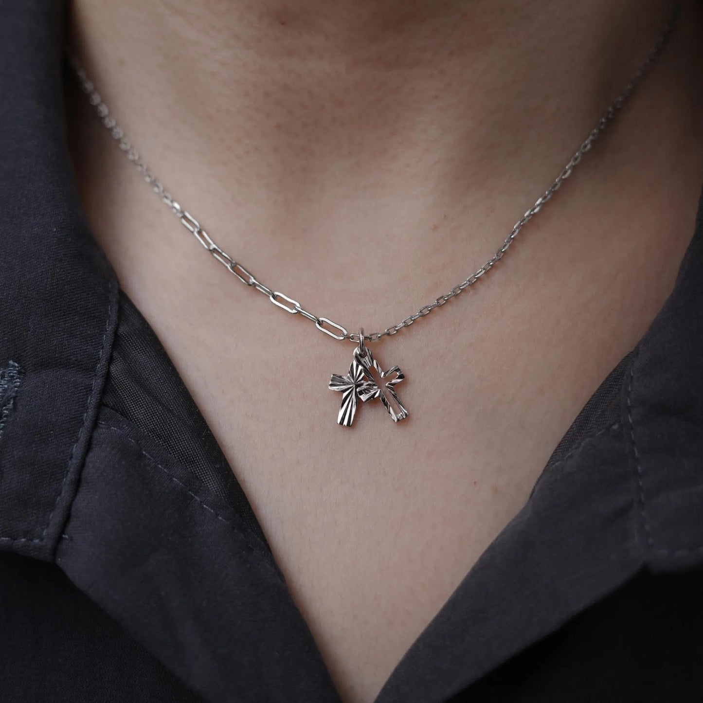 Double Cross - 925 Sterling Silver Mini Cross Pendant Choker Necklace for Women