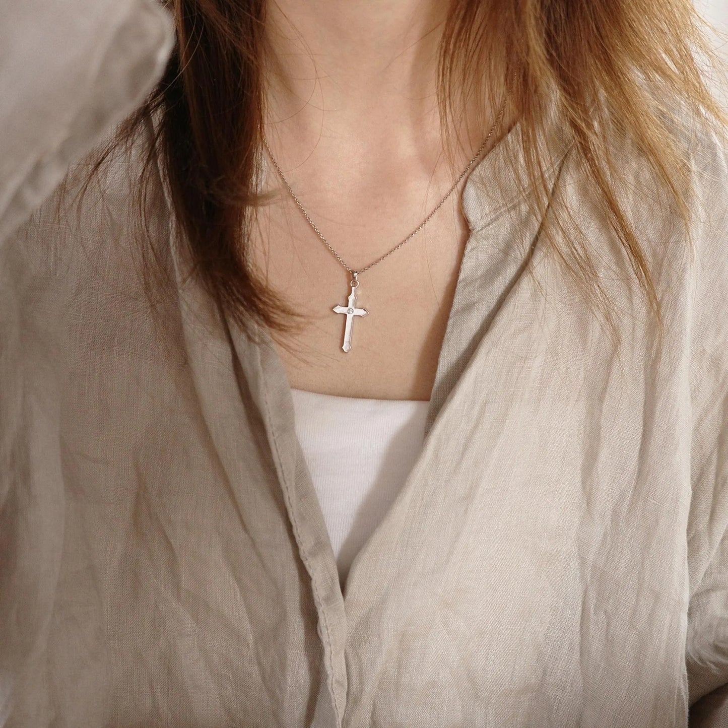 Trinity Leaf - 925 Sterling Silver Platinum-Plated Cross Pendant Necklace with Moissanite for Women