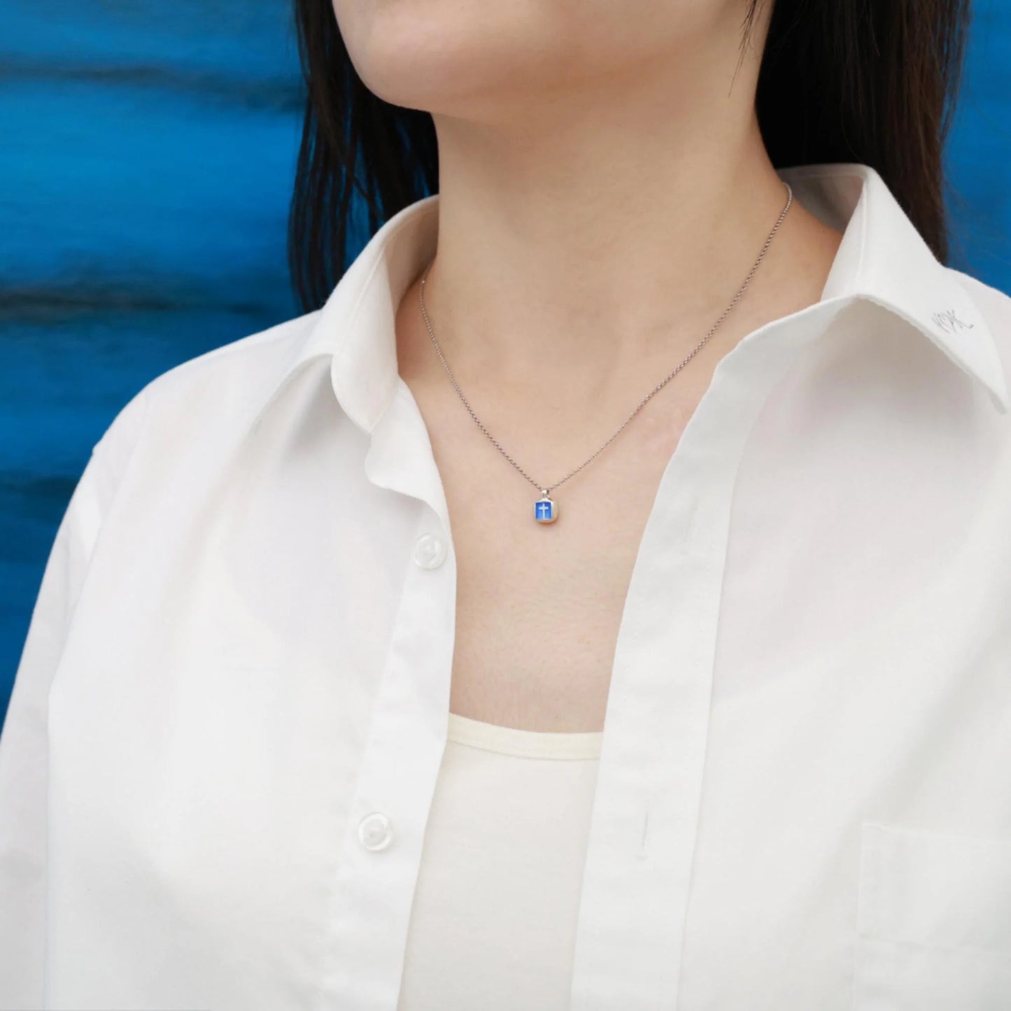 Indigo - 925 Sterling Silver Cross Enamel Pendant Necklace for Women