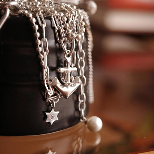 Anchor - 925 Sterling Silver Layered Necklace with Freshwater Pearls and Cubic Zirconia for Women