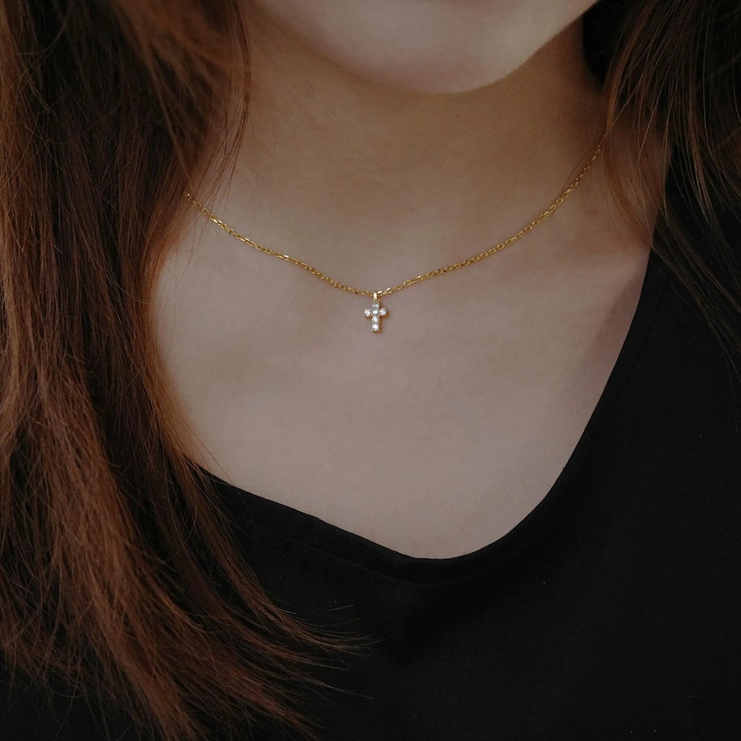 Cross Necklace - 925 Sterling Silver Mini Cross Pendant Necklace with Moissanite and Gold Plating for Women