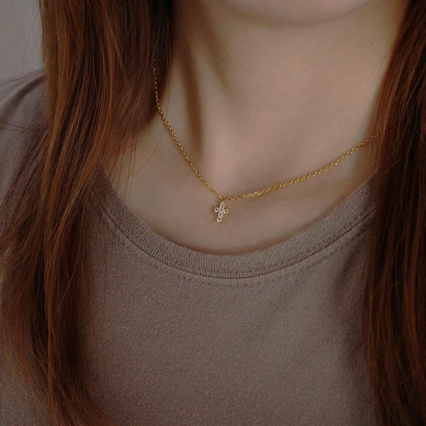 Cross Necklace - 925 Sterling Silver Mini Cross Pendant Necklace with Moissanite and Gold Plating for Women