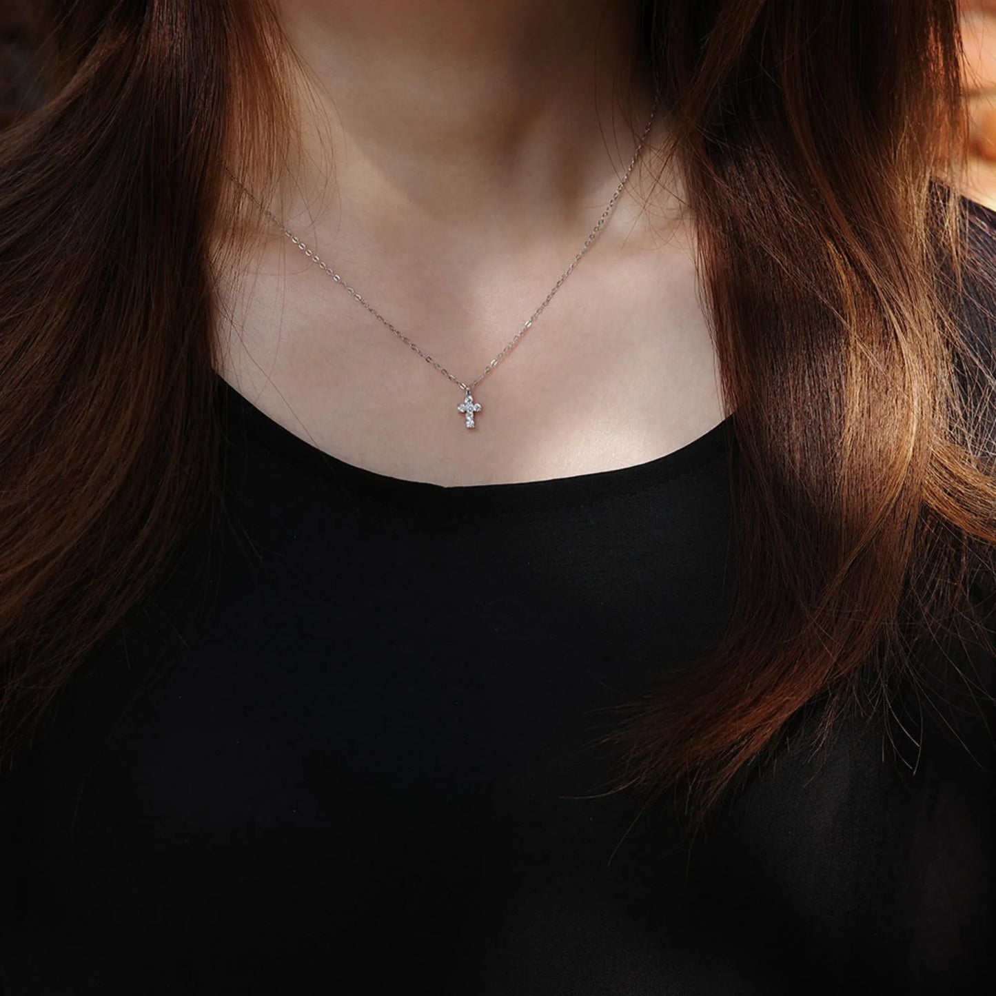 Cross Necklace - 925 Sterling Silver Mini Cross Pendant Necklace with Moissanite and Gold Plating for Women