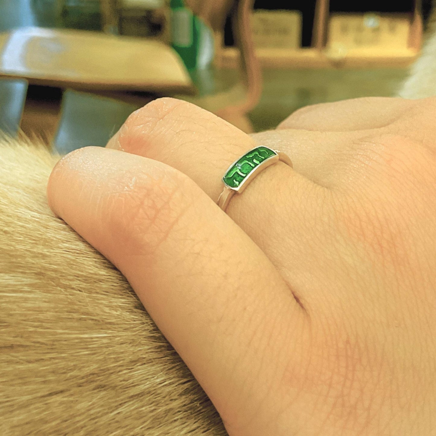 Shalom - 925 Sterling Silver Hebrew Ring with Dark Green High-Temperature Enamel for Women