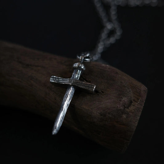 Wood and Nail - 925 Sterling Silver Vintage Cross Pendant Necklace Unisex