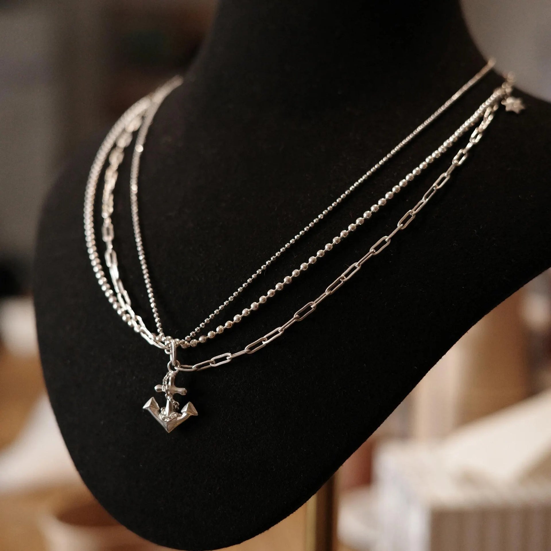 Anchor - 925 Sterling Silver Layered Necklace with