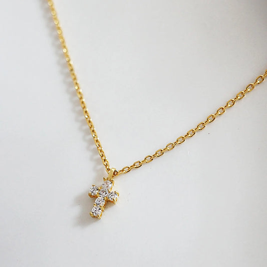 Cross Necklace - 925 Sterling Silver Mini Cross Pendant Necklace with Moissanite and Gold Plating for Women
